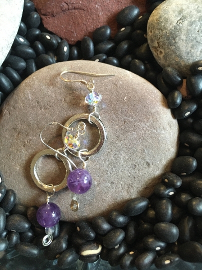 Earrings - Amethyst on Silver Tone Loop Earrings - AB Crystal and Sterling Accent - Dangle Earrings - Jewelry with Meaning - Peace and Calm
