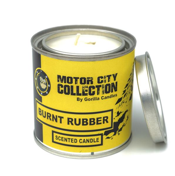 Burnt Rubber Scented Candle - Car Guy Themed Candles - Motor City Candles, 8 ounce Soy Wax Paint Can Candle