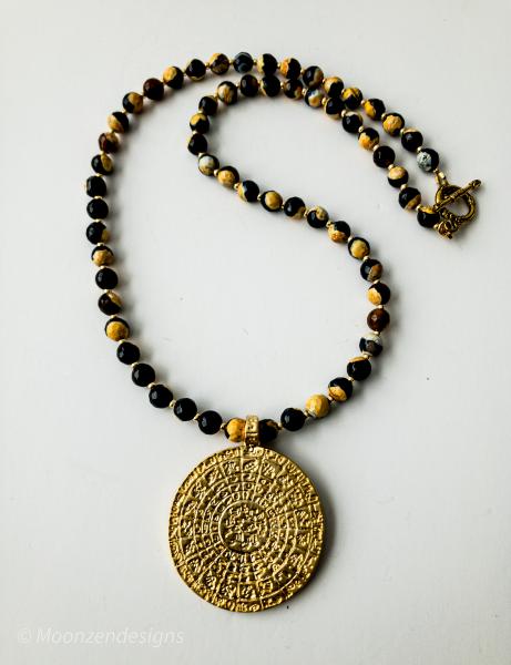 Greek Phaistos Disc Pendant/Yellow,Black Agate Beads Necklace