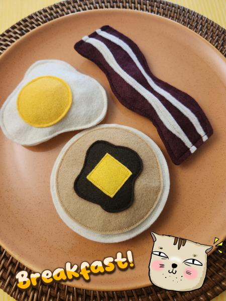 Felt crinkle breakfast cat toys | Bacon Egg Pancake shapes | Eco-Fi felt toys for cats | handmade in USA | fun gift for cats & their humans picture