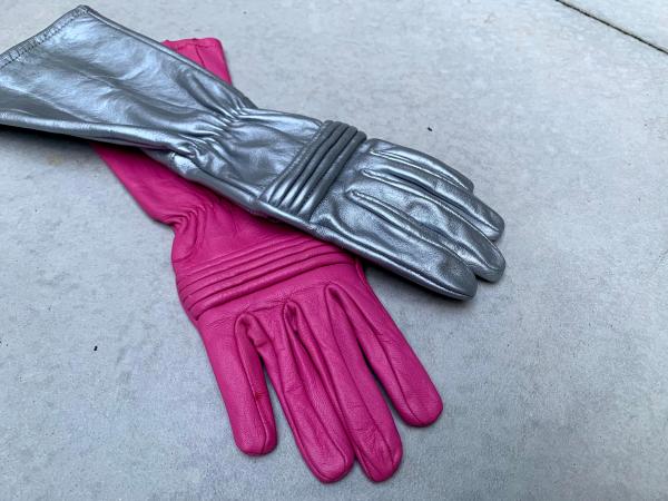 Rangers Dino Fury Gloves for Cosplay/Long gauntlet/Genuine Leather/Pink&Silver picture