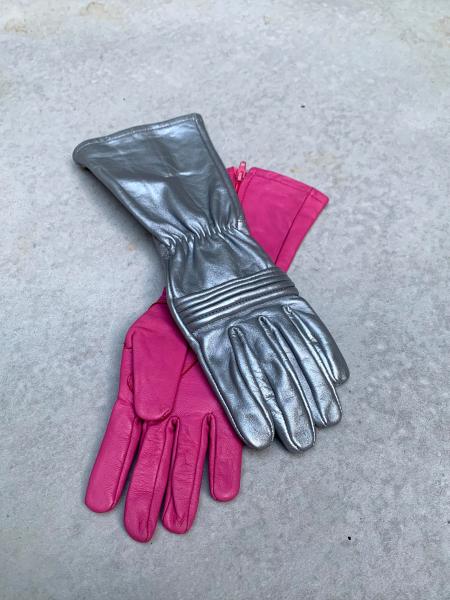 Rangers Dino Fury Gloves for Cosplay/Long gauntlet/Genuine Leather/Pink&Silver picture