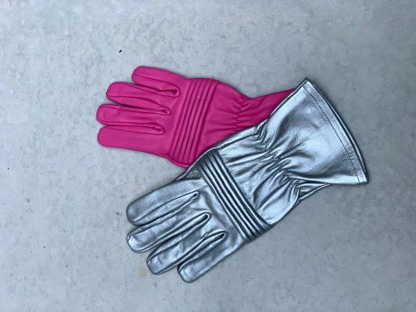 Rangers Dino Fury Gloves for Cosplay/Short gauntlet/Genuine Leather/Pink&Silver picture