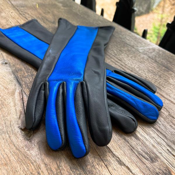 Leather Gloves for Night Wing Cosplay/Long gauntlet/Lamb skin/Black&Blue picture