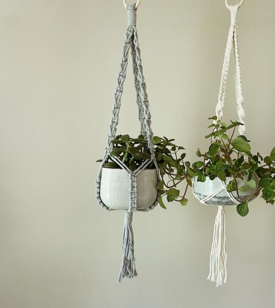 Short White + Gray Hangers - Hanging Plant Holder - Air plant Hanger - Macrame Lanyard - Macrame Pant Holder - Macrame Tassels picture