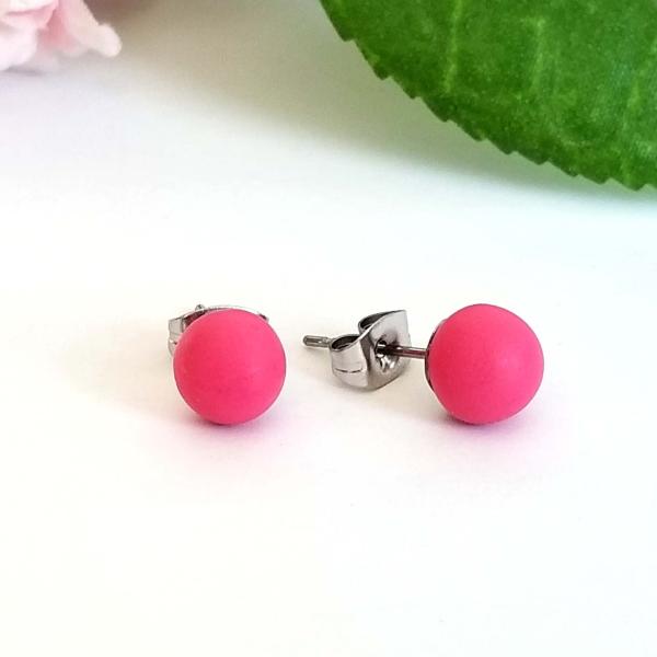 Pink stud earrings, 12 mm Round or 6 mm Ball stud earrings, Matte polymer clay earring studs,stainless steel/ titanium studs earrings picture