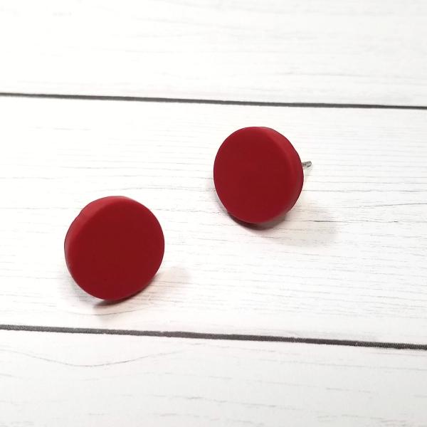 12 mm Dark Red Disc studs, maroon red round stud earrings, clay earring studs, stainless steel or titanium stud posts, men's stud earrings picture