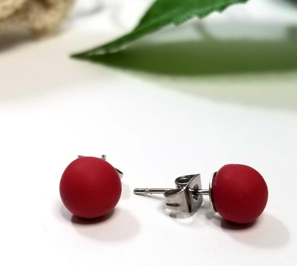 6 mm Dark Red ball stud earrings, Modern small maroon clay earring studs, handmade, stainless steel/ titanium stud posts