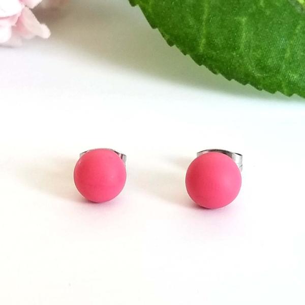 Pink stud earrings, 12 mm Round or 6 mm Ball stud earrings, Matte polymer clay earring studs,stainless steel/ titanium studs earrings picture