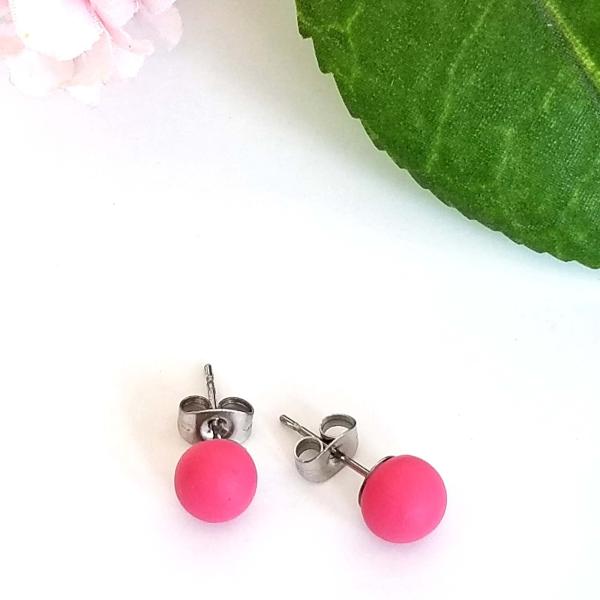 Pink stud earrings, 12 mm Round or 6 mm Ball stud earrings, Matte polymer clay earring studs,stainless steel/ titanium studs earrings picture