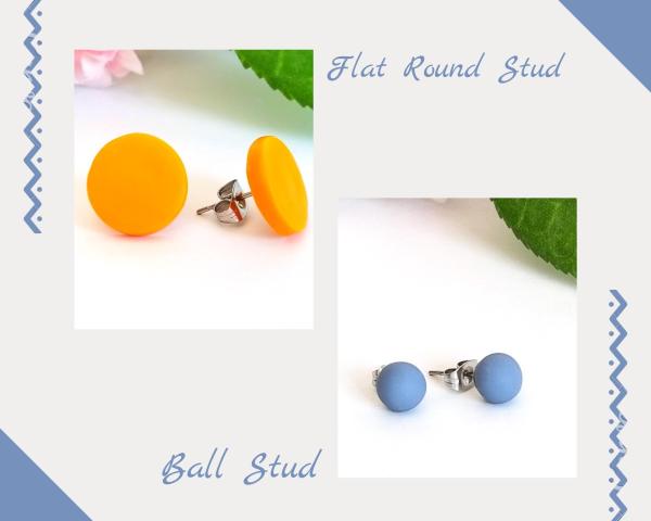 29 colors, Custom Clay Stud Earring set of 3, mix and match, stainless steel or titanium stud earrings, 6 mm Ball or 12 mm round stud pack picture