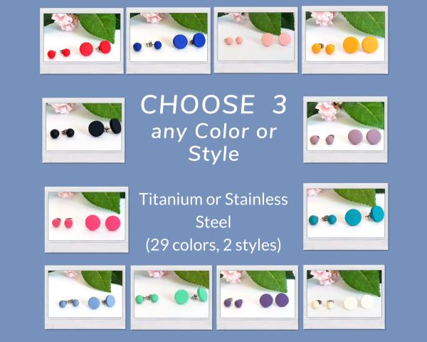 29 colors, Custom Clay Stud Earring set of 3, mix and match, stainless steel or titanium stud earrings, 6 mm Ball or 12 mm round stud pack picture