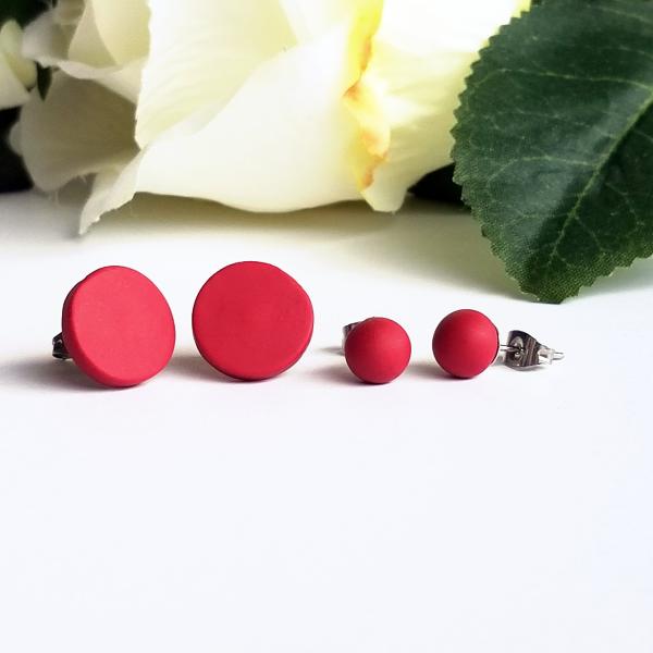 12 mm Dark Red Disc studs, maroon red round stud earrings, clay earring studs, stainless steel or titanium stud posts, men's stud earrings picture