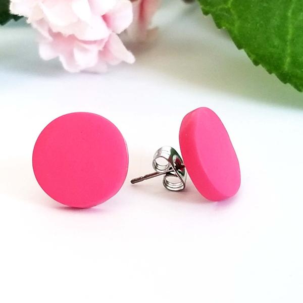 Pink stud earrings, 12 mm Round or 6 mm Ball stud earrings, Matte polymer clay earring studs,stainless steel/ titanium studs earrings picture