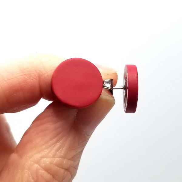 12 mm Dark Red Disc studs, maroon red round stud earrings, clay earring studs, stainless steel or titanium stud posts, men's stud earrings picture