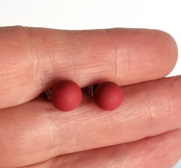 6 mm Dark Red ball stud earrings, Modern small maroon clay earring studs, handmade, stainless steel/ titanium stud posts picture