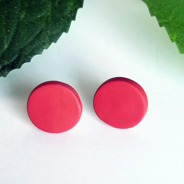 12 mm Dark Red Disc studs, maroon red round stud earrings, clay earring studs, stainless steel or titanium stud posts, men's stud earrings picture