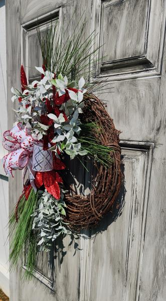 Elegant Grapevine Christmas Wreath with Pine Branches, Red Glitter Leaves, Frosted Greenery, and Festive Bow, Handmade Holiday Decor picture