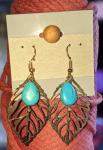 Brass Leaf and Turquoise Earrings